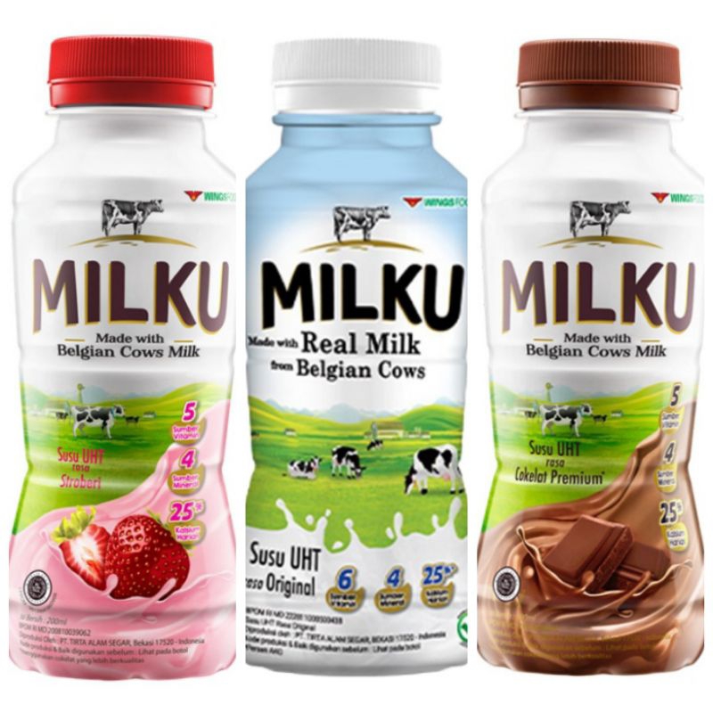 

MILKU Susu UHT Original / Cokelat Coklat / Stroberi Strawberry Botol 200 ml