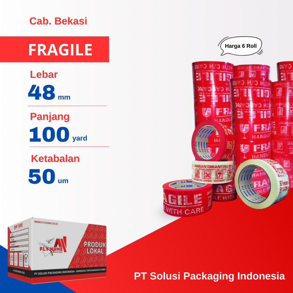 

FLYHOME 6Roll Lakban Fragile Merah Putih 48x100Y 2inci Uk Besar 91METER 100 Yard