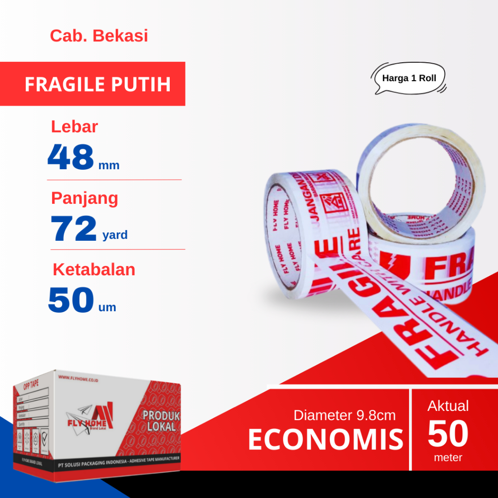 

FLYHOME 1Roll Lakban Fragile Putih 48x72Y 2inci Uk Besar ECO 72 Yard