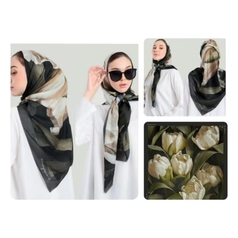 HIJAB SEGIEMPAT VOAL MOTIF BUNGA TULIP HITAM HIJAU
