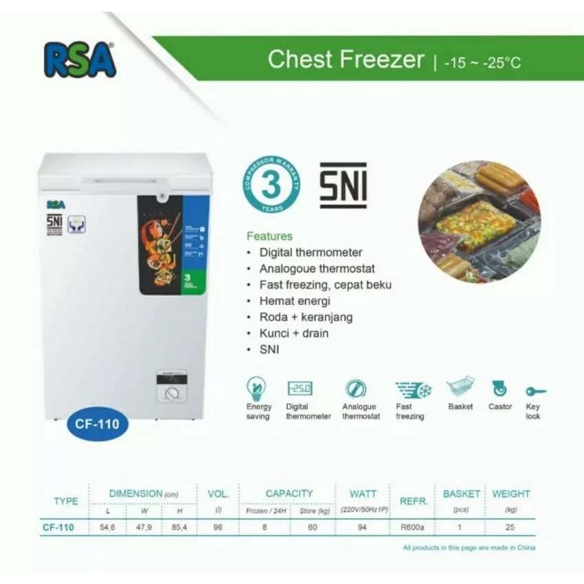 FREEZER RSA CF-110 CHEST FREEZER [ 96 LITER ] FREEZER BOX