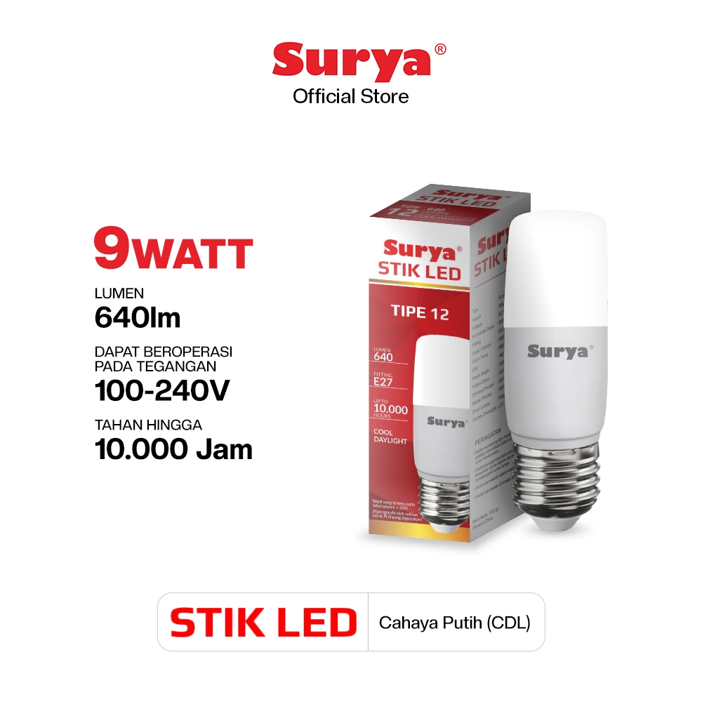 Surya Lampu Bohlam LED Stik Tipe12 9 Watt Cahaya Putih