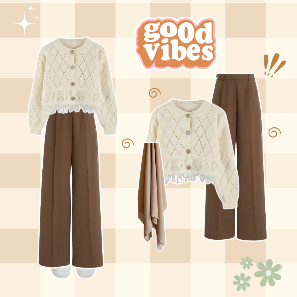 One set OOTD Wanita Remaja Korean style (Cardigan rajut, Celana trouser, Hijab) Setelan Outfit kekin