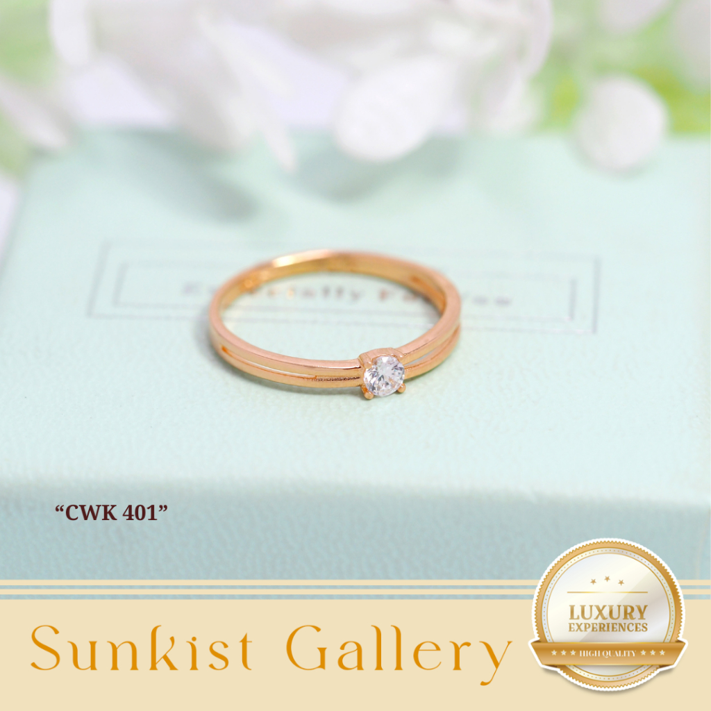 CINCIN WANITA EMAS ASLI MODEL SOLITAIRE BATU PUTIH BIRU DAN MERAH EMAS MUDA KADAR 6K (300) & 8K (375