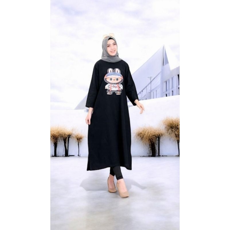 Baju Gamis Casual Wanita Dewasa Model Midi Dress Labubu OOTD Viral Terlaris Jeans Denim Hitam Nyaman