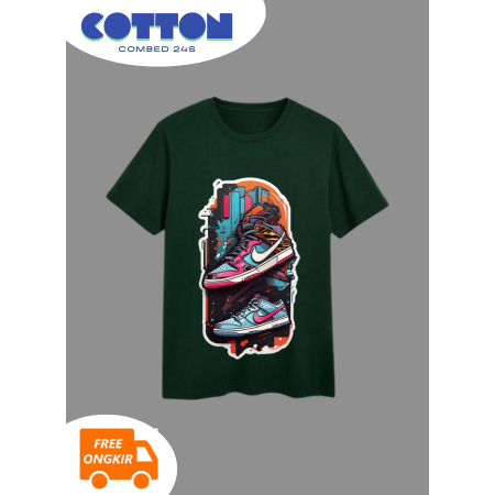BAJU KAOS PRIA WANITA LENGAN PENDEK HIJAU BOTOL GAMBAR SEPATU KAKI S M L XL COTTON COMBED 24S