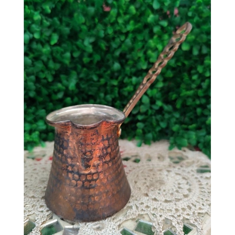 Pot Kopi Ibrik Turkish Cezve Tembaga tua Turki Antik Pegangan dari Kuningan Vintage T:15cm