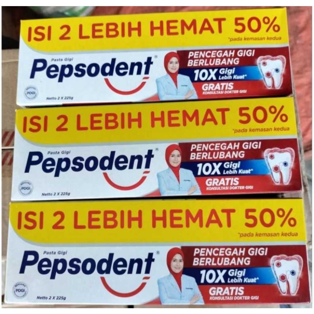 Pepsodent 225grx2 / pepsodent 225gr free 225gr / pepsodent 225gr 2x 225gr / odol / pasta gigi