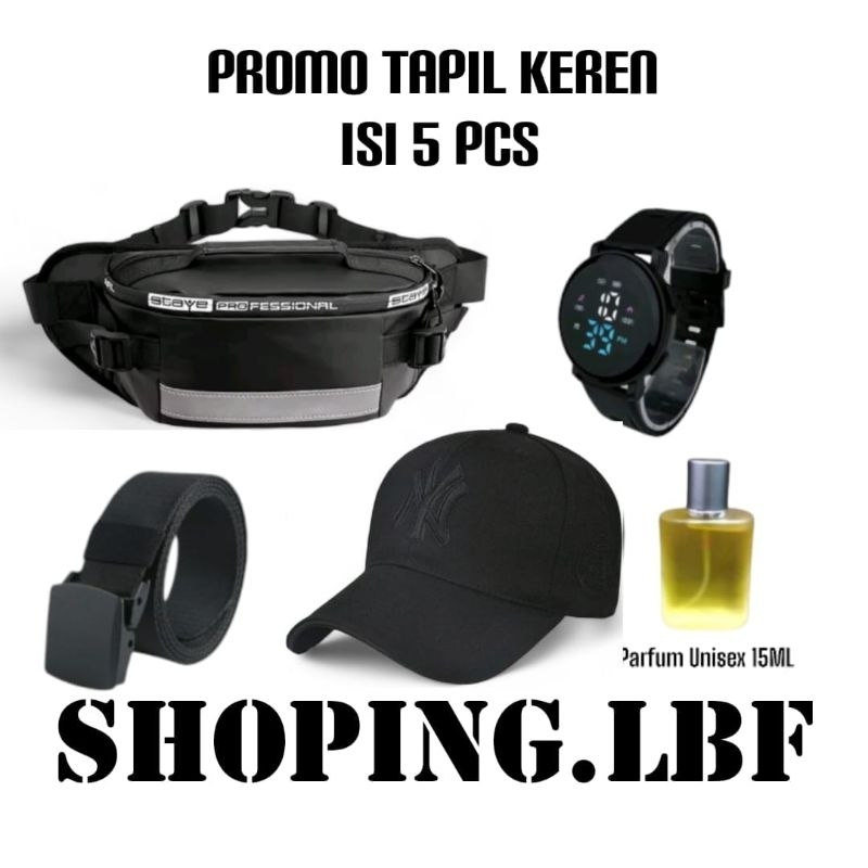Tas Pria Edisi Spesial Paket Komplit Beli 1 get 5 / Tas Waist Bag Pria free Jam Tangan Led. Ikat Pin