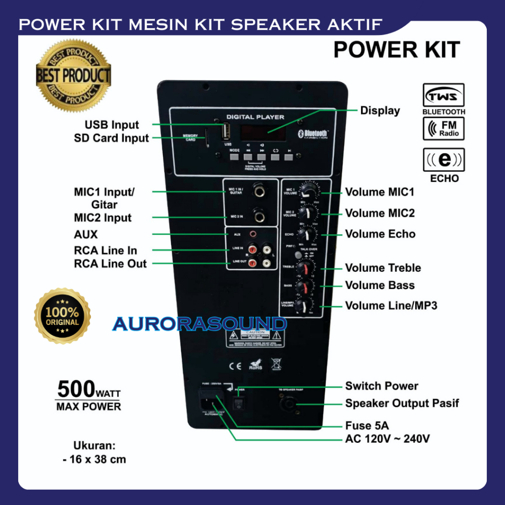 POWER KIT MESIN KIT SPEAKER AKTIF 500 WATT BLUETOOTH ECHO USB FM PLAYER