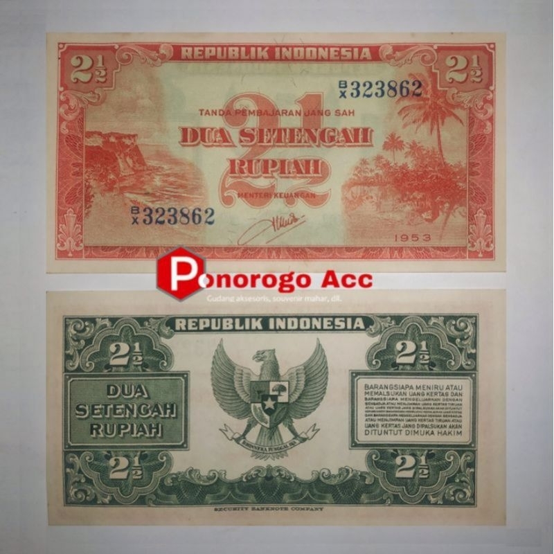 (GRESS/BARU) Uang kuno 2½ rupiah pemandangan tahun 1953 uang kuno mahar nikah dua setengah rupiah pe