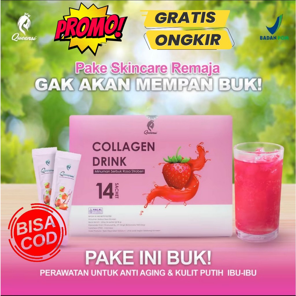 Queensi collagen drink Strawberry with Collagen Bovine Peptiplus vitamin C & L-Glutathione | Minuman