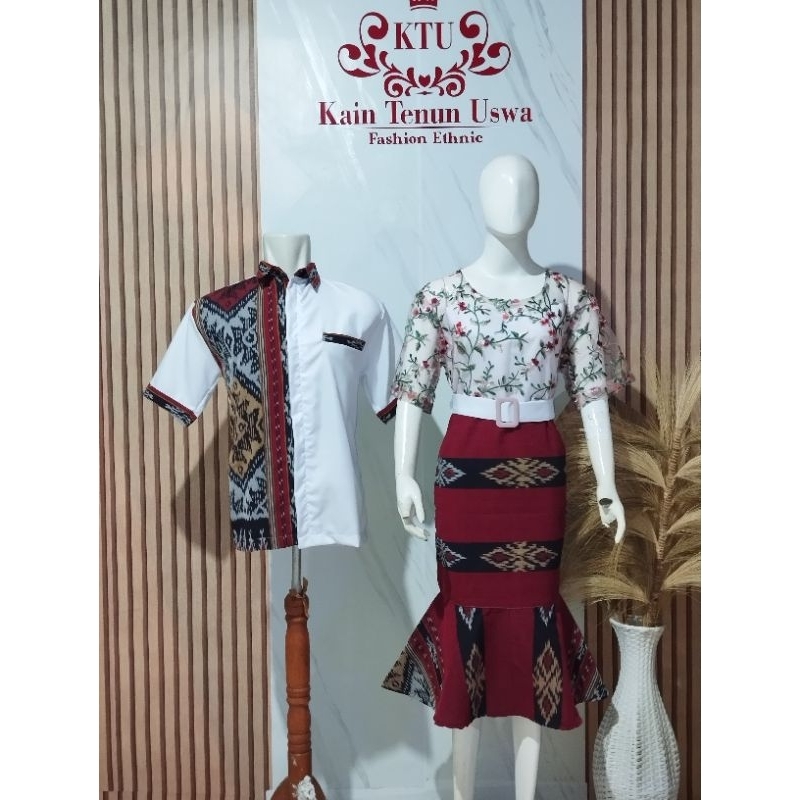 couple etnik, baju pesta baju natal couple kekinian kombinasi polos dan brokat