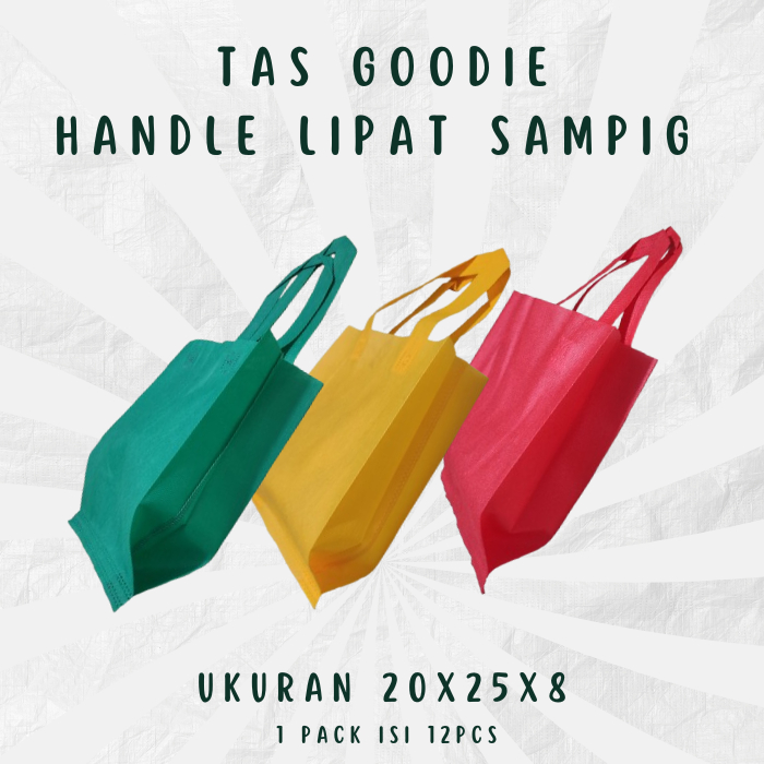 

Tas Goodiebag Handle Lipat Samping ( 1 Pack 12pcs ) Tas Hampres 20x25 > Tas kain Spunbond