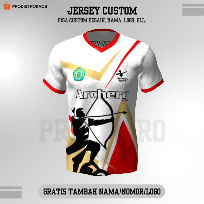 Kaos Jersey Custom Archery - Jersey Panahan Putih Merah Gold Motif Abstrak Geometris 54