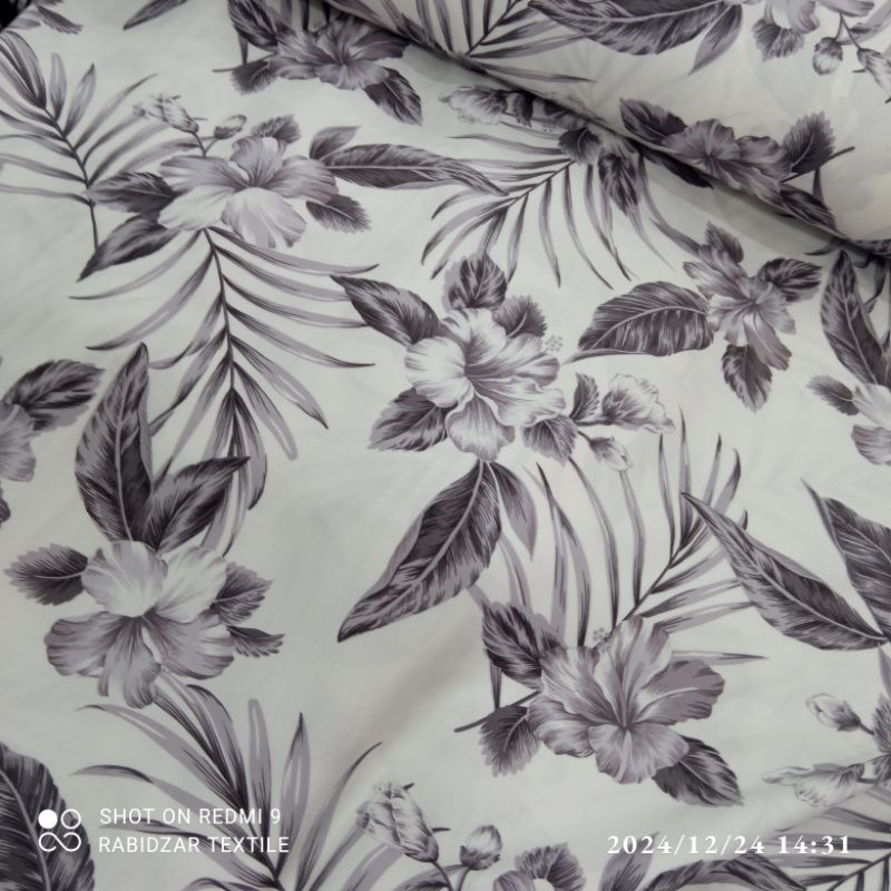 kain katun rayon premium garment motif bunga abu keunguan