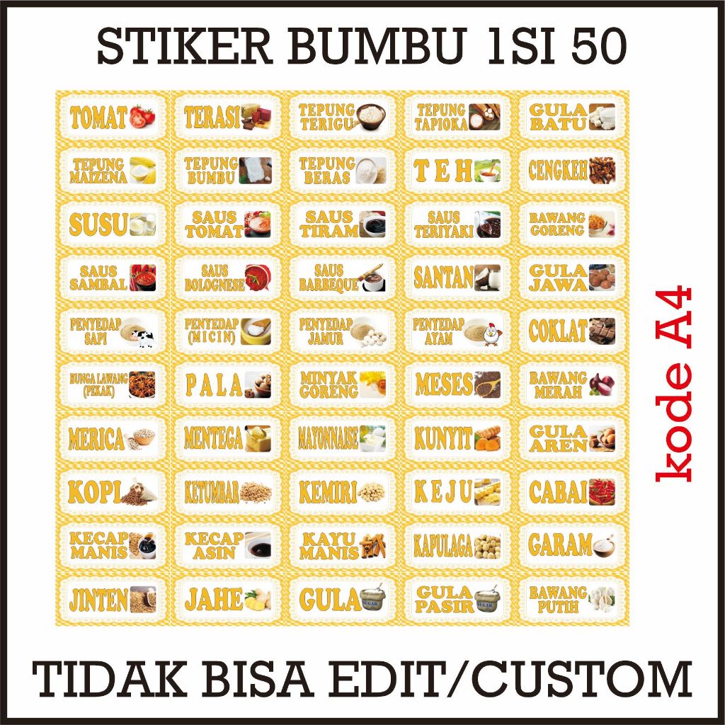 

A4-Ready stiker bumbu isi 50 tidak bisa edit atau custom