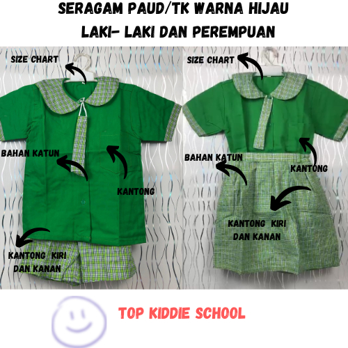 1 SET SERAGAM TK/PAUD BAJU KOTAK-KOTAK PENDEK PAUD/TK HIJAU