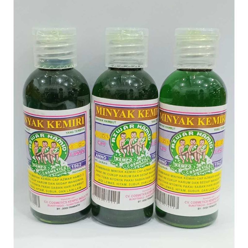MINYAK KEMIRI Cap 3 Anak, Ukuran 60ml (Botol Plastik), Asli AZWAR HAMID Bukit Tinggi / Minyak Rambut