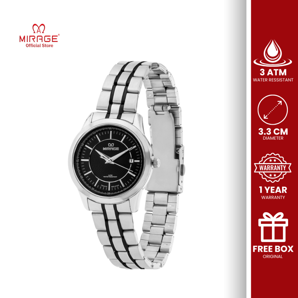 Mirage Jam Tangan Wanita Trendy Silver List Hitam 8807 L Stainless Anti Karat Original Miragewatch