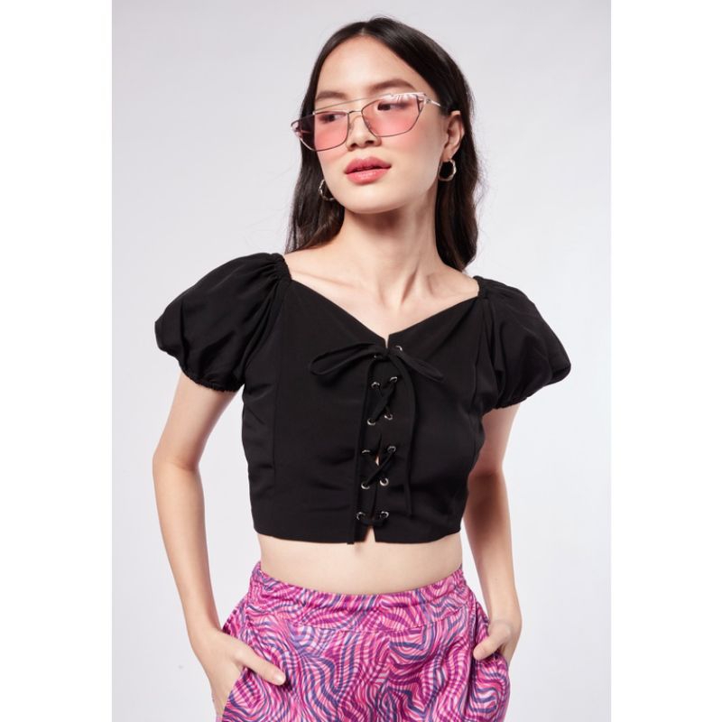 COLORBOX Puff Sleeve Top with Front Tie Details Black