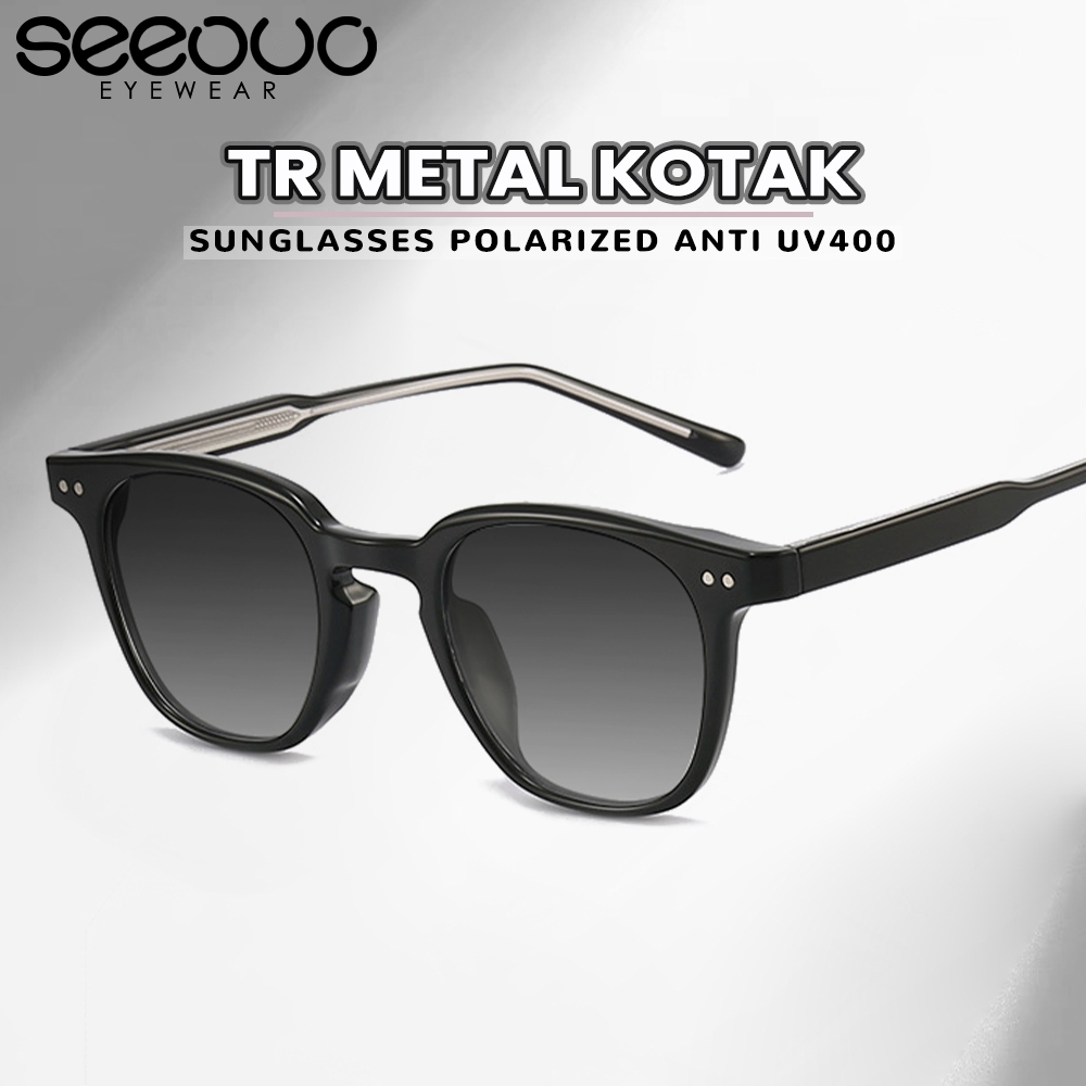 Seeouo Sunglasses Polarized Kacamata Hitam Model Kotak Stylish Fashion Unisex Lensa Anti UV 400 Prot