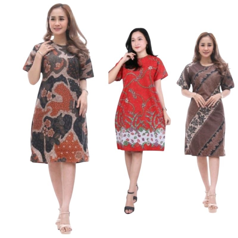 Baju Dress Batik Wanita Bahan Katun Stretch Ukuran Standar Ld 110-115 Cm / Baju Tunik Batik Stretch