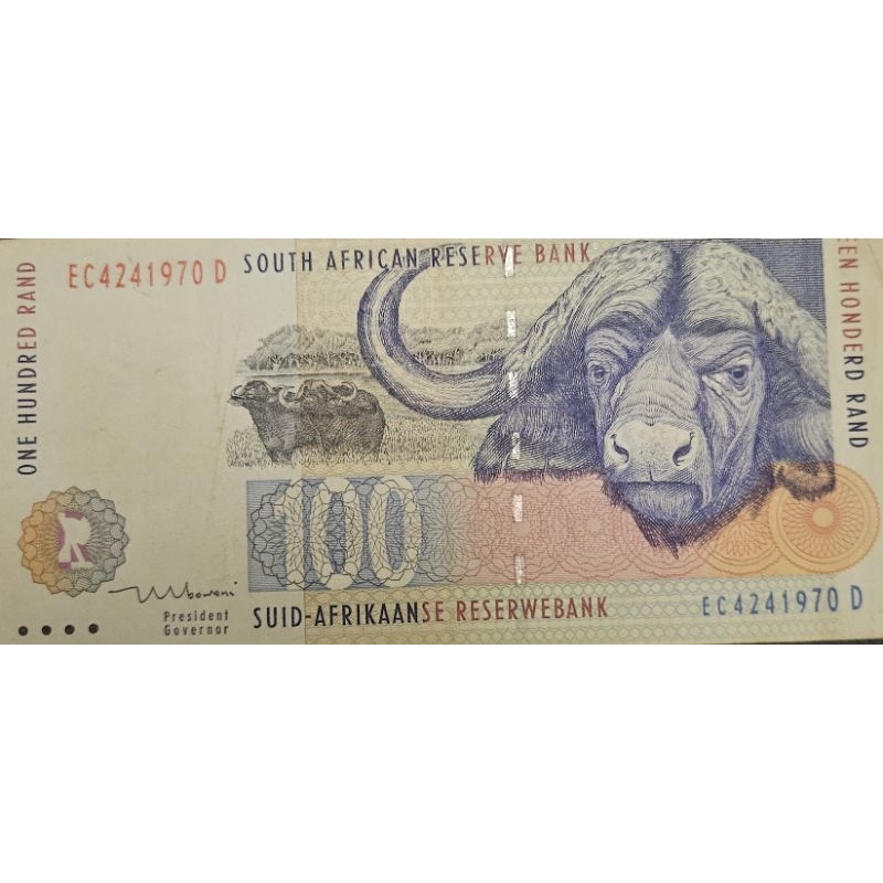 Uang Asing Negara Afrika Selatan 100 Rand Series Hewan Kerbau Bercula satu Kondisi XF Bagus Original