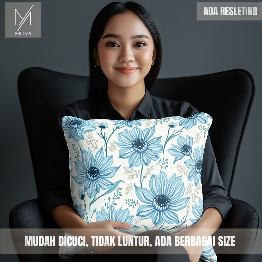 Sarung Bantal Motif Bunga Estetik Biru FLW 18 - Tebal Kualitas Premium Full Printing Anti Luntur