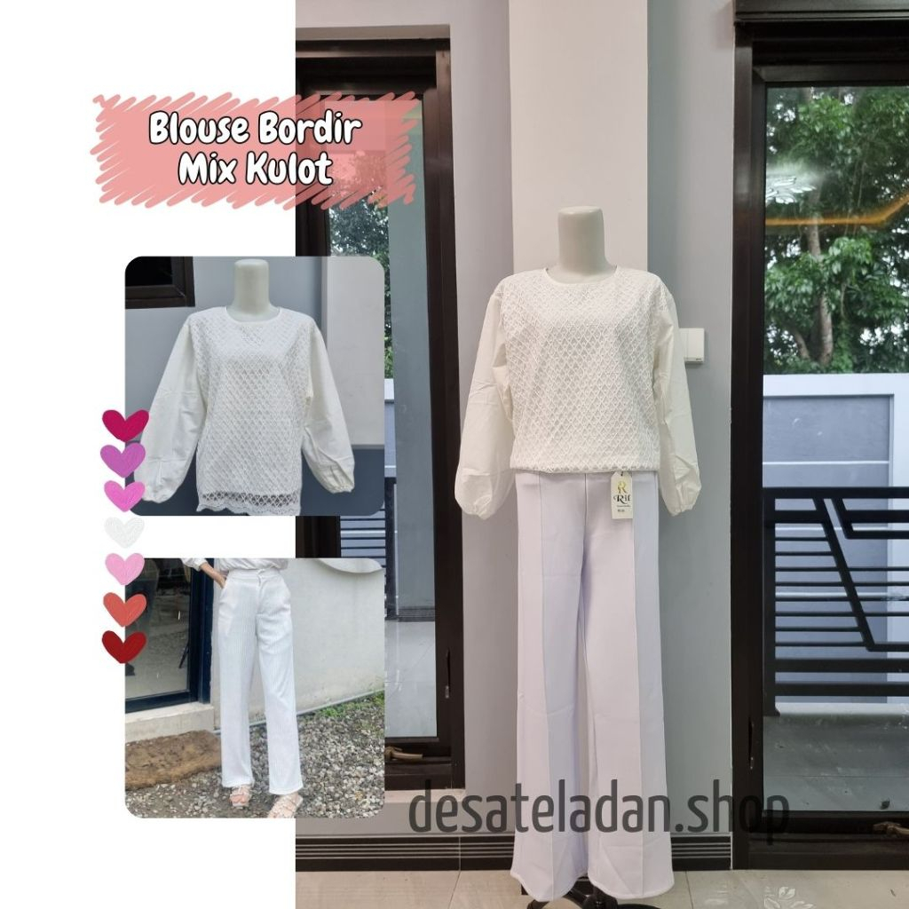 Setelan Velka Blouse Katun Bordir+Kulot Scuba OOTD One Set White Series Outfit Kerja Ngampus Ngantor