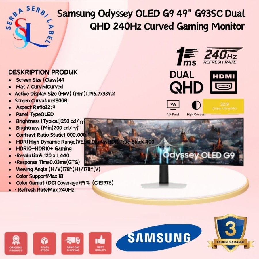 Samsung Odyssey OLED G9 49" G93SC Dual QHD 240Hz Curved Gaming Monitor