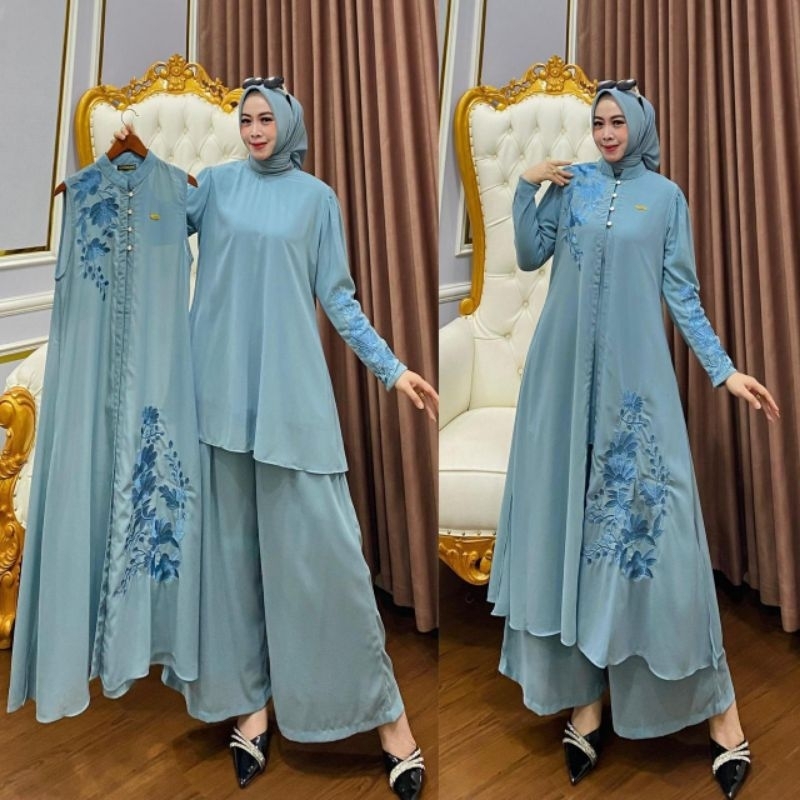 Farah one set outer ceruty babydoll,motif bordir bunga