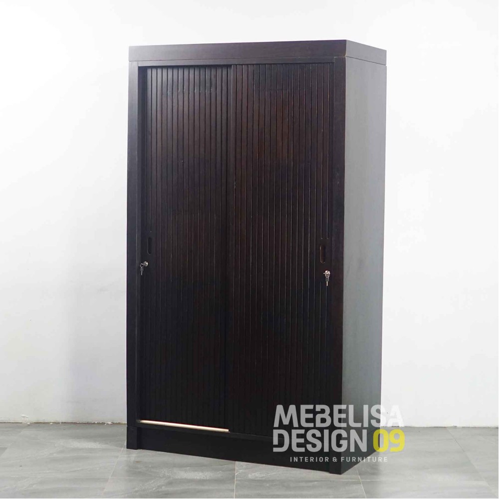 Lemari Pakaian Kayu Jati Solid 2 Pintu Geser Motif Salur