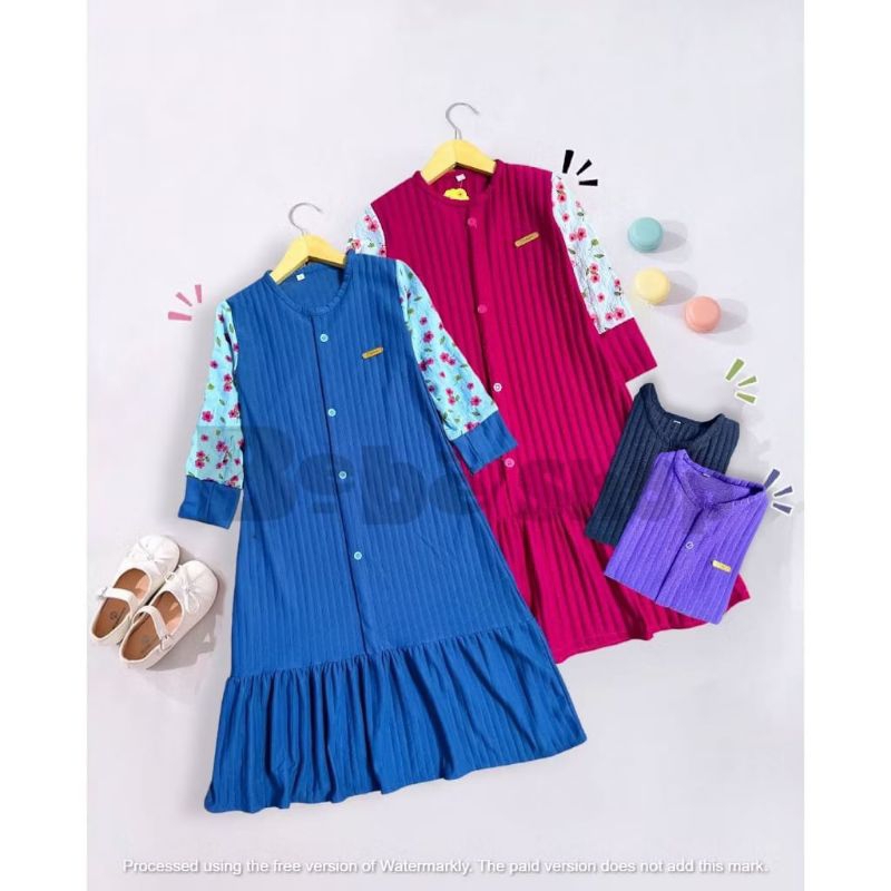 GAMIS ANAK LEBARAN BAHAN KNIT KOMBINASI LENGAN MOTIF BUNGA USIA 1-12TAHUN