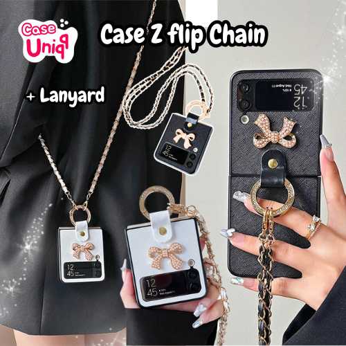 CASEUNIQQ Case + Lanyard Z Flip 3 4 5 6 Casing HP Lipat Tali strap panjang Chain Hitam Putih