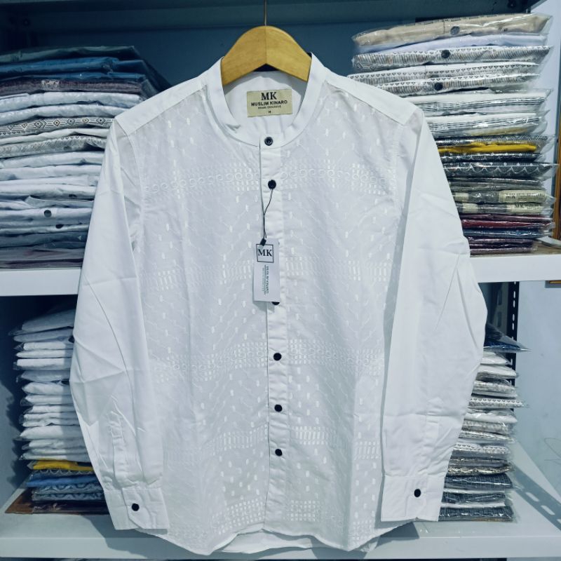 Kemko MK Putih Bordir Brukat Mewah Kemeja Pria Dewasa Baju Koko Muslim Lengan Panjang Slim Fit