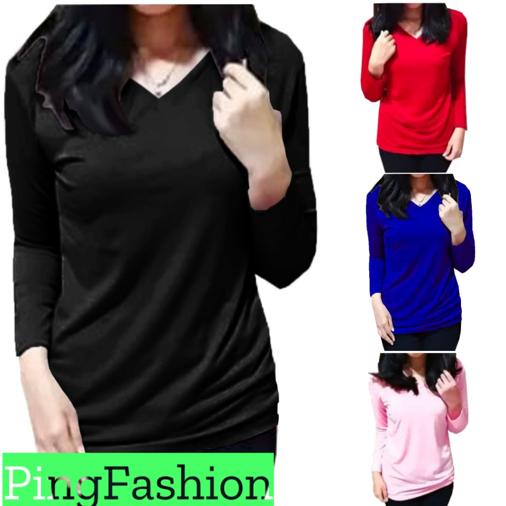 Kaos Polos Wanita V-neck / Kaos Wanita Lengan Panjang / Kaos Spandek