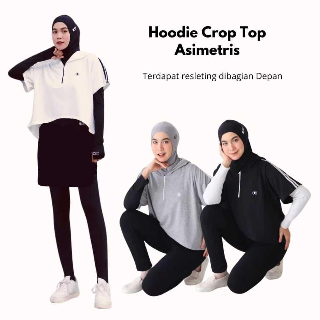 Asymmetric Hoodie Olahraga Crop Top Sport Asimetris Wanita Jumbo XXL Hijab Rompi Muslim Resleting Bu