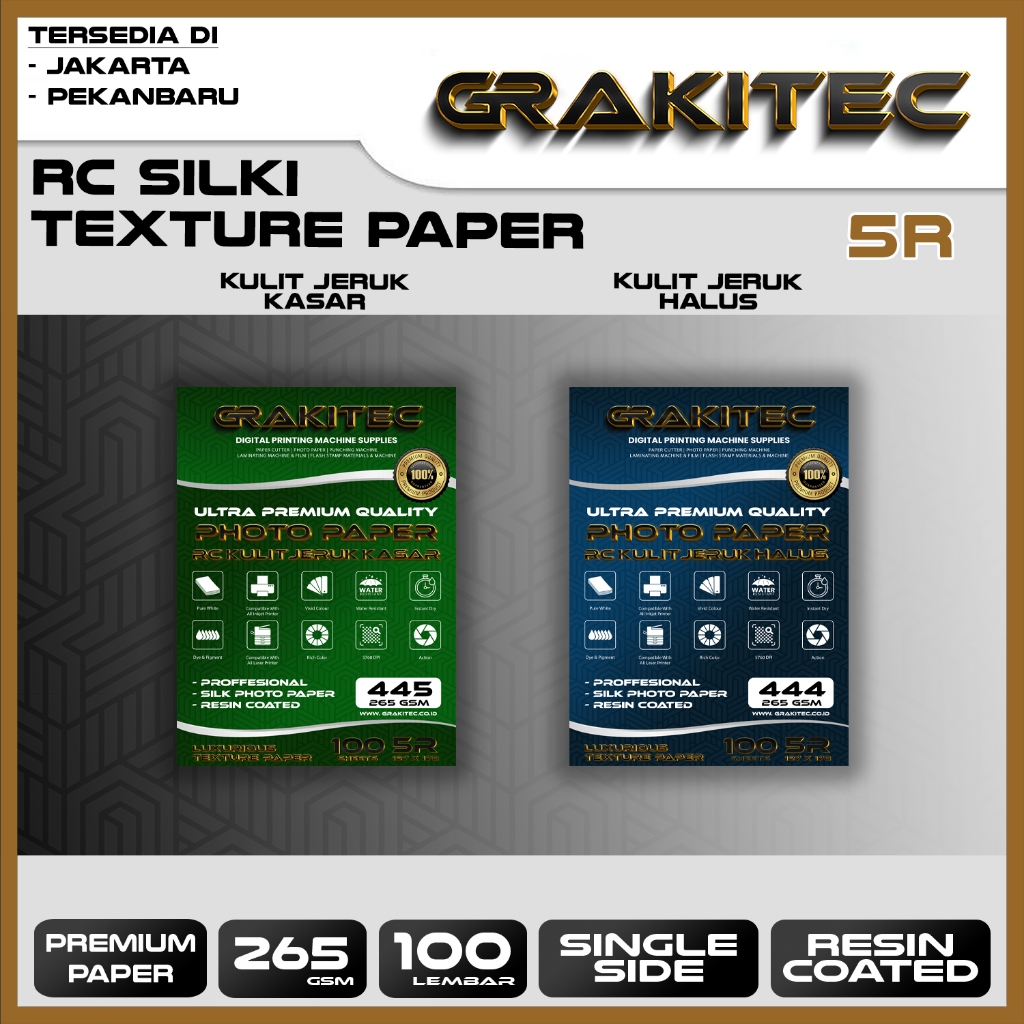 

Grakitec Kertas Foto Silki 5R isi 100 Lembar Texture Kulit Jeruk Doff Professional Silki, RC Glossy Photo Paper, Doff Halus, Canvas, Doff Kasar / Luster Resin Coated PKU