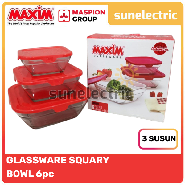 Maxim Bowl Set / Maxim Glassware Squary 3 Susun & Round 5 Susun / Mangkuk Serbaguna - Merah