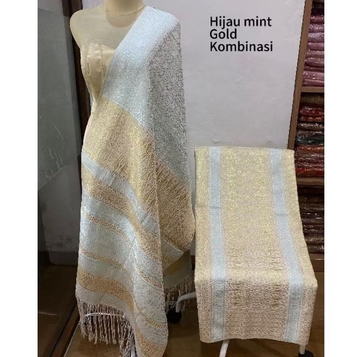 Tumtuman tanpa sambung hijau mint mahamajuf2 kain songket asli tenun adem lembut