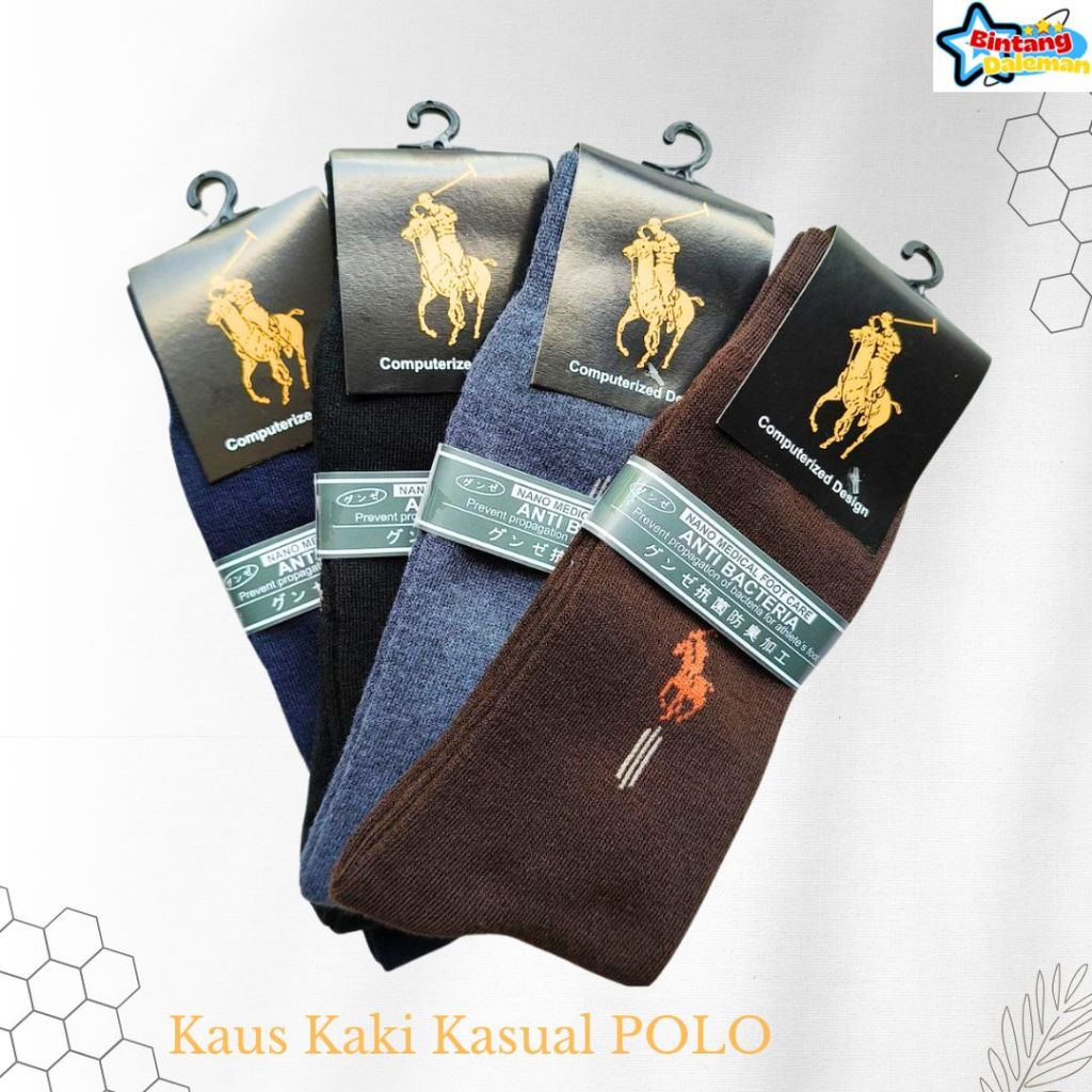 Kaos Kaki Polo Motif Pria Dewasa, Panjang Sebetis, Warna Hitam, Coklat dan Navy -kaus kaki panjang k