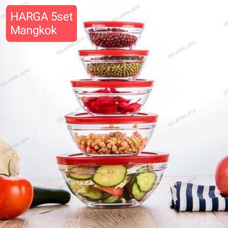 [5set] Mangkok Tutup Kaca Serbaguna/ Mangkok Kaca Tutup Plastik Serbaguna