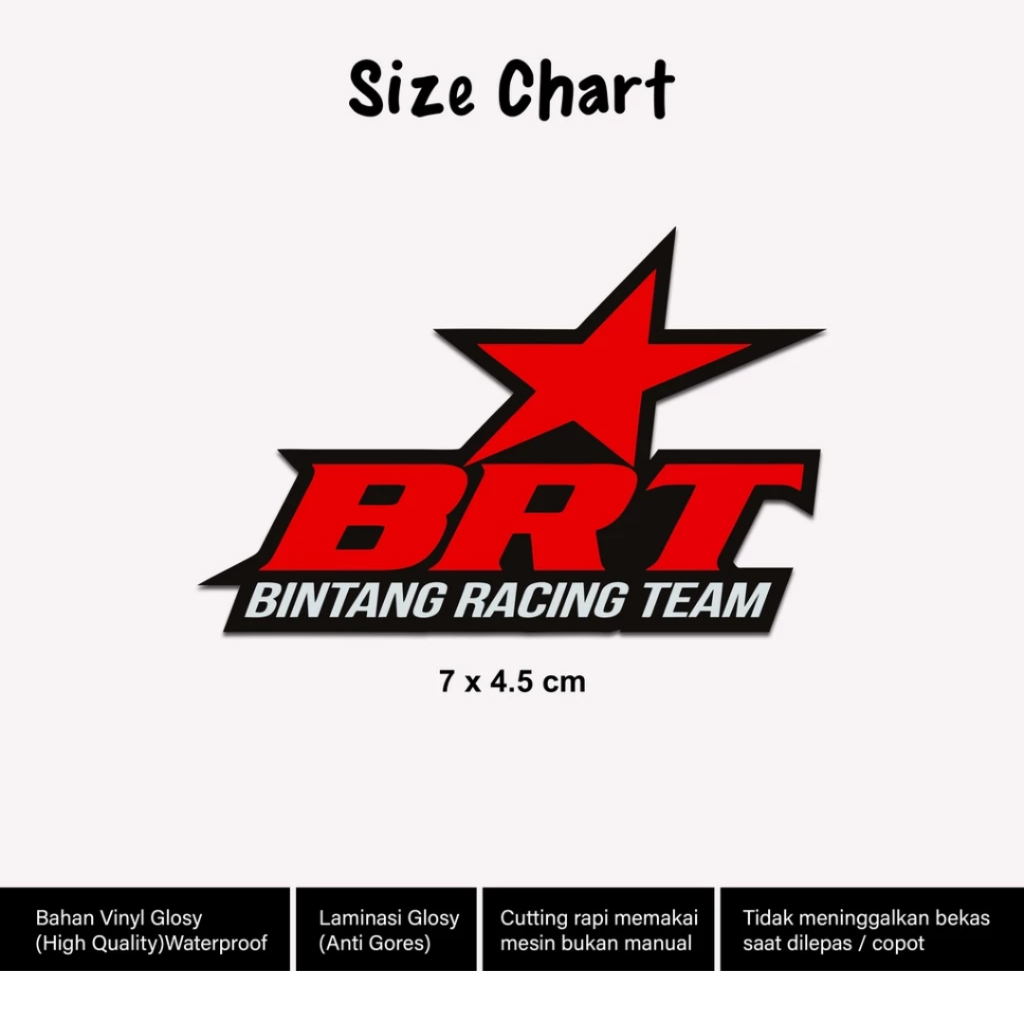 

Stiker BRT Bintang Racing Team Laminasi Glossy 7cm Sticker Racing Motor