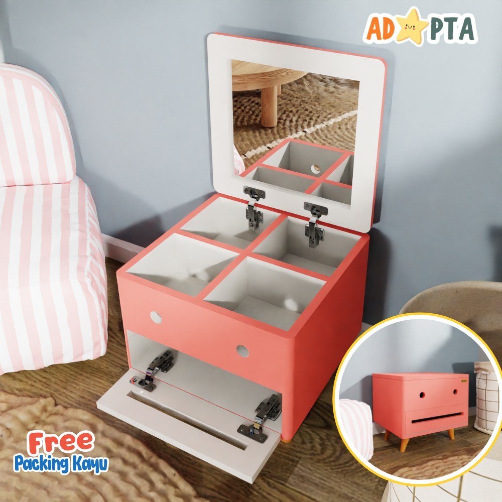 Meja Rias Lesehan Anak Perempuan Full Pink Tempat Tisu - Lemari Rias Anak Cewek Multifungsi