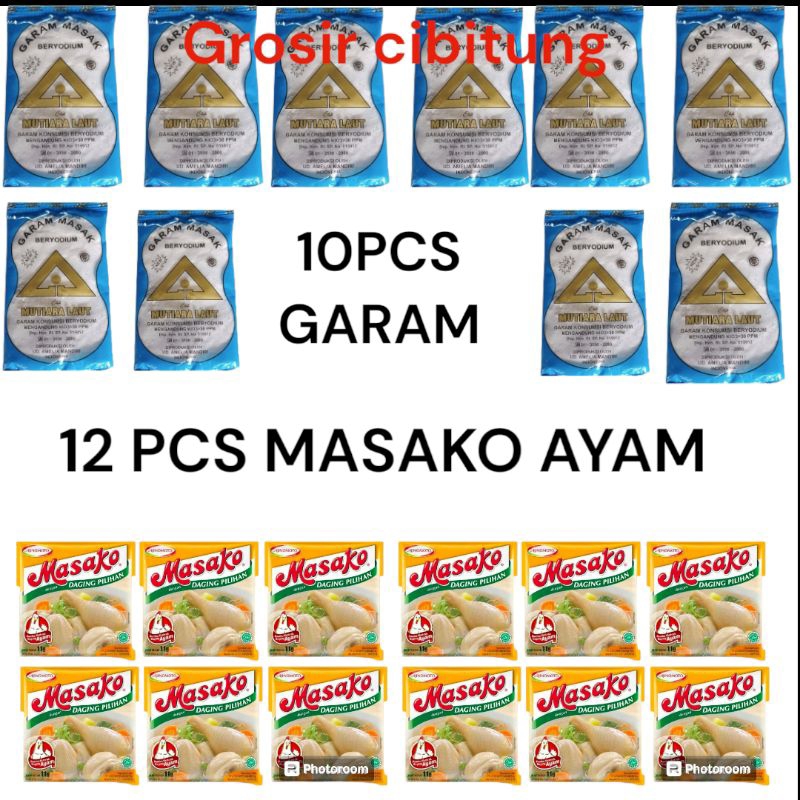 

Paket hemat 10 pcs garam + 12 pcs MASAKO ayam kemasan 8 gr / masako 8 gr murah bisa cod garam dapur beryodium