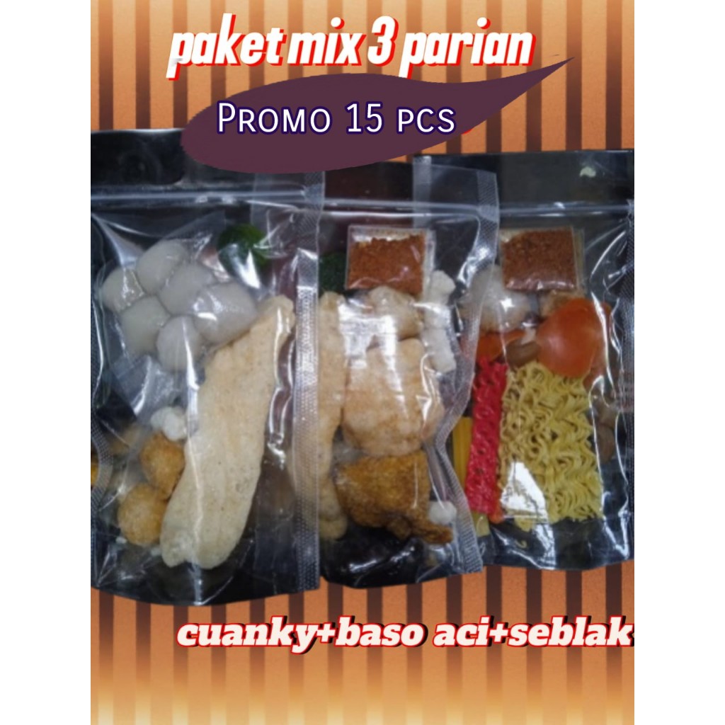 

paket mix 15 bungkus baso aci cuangky seblak kombo hemat 3 parian rasa paket seller