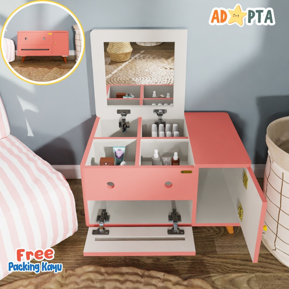 Meja Rias Anak Perempuan Minimalis - Lemari Rias Anak Cewek Full Pink - Lemari Makeup Cewek Lesehan