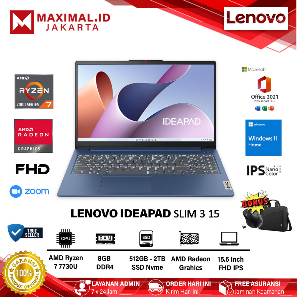 Laptop Lenovo Ideapad Slim 3 15 AMD Ryzen 7 7730U Ram 8GB 2TB SSD 15.6 FHD IPS Win11