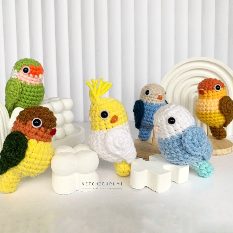 NETCHIGURUMI Amigurumi Boneka rajut Burung Lovebird gantungan kunci keychain
